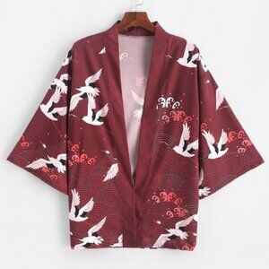 Flying Crane Sea Waves Print Open Front Kimono Cardigan, Red Wine, 3xl